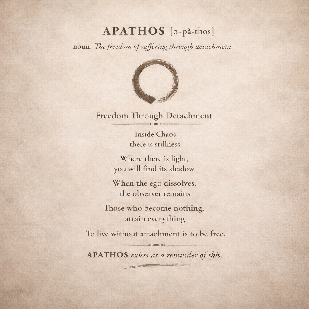 Minimalist parchment-style design featuring the word “Apathos,” a zen circle symbol, and stoic philosophy quotes about detachment and inner stillness — Apathos Clothing artwork.