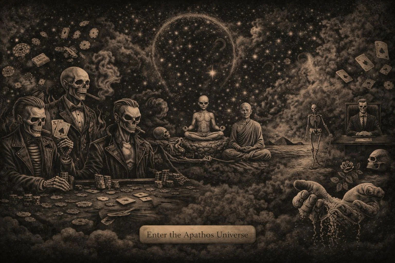 Surreal artwork of skeleton card players, a meditating figure under a star-filled sky, pyramids, and cosmic symbolism representing risk, fate, and stoicism — Apathos Clothing design.